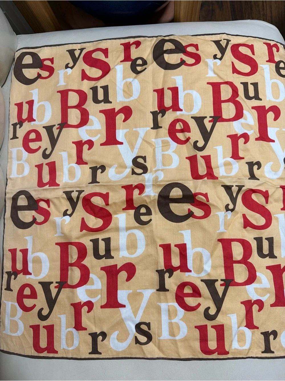 Burberry Beige Scarf with Red, Brown & White Letter Print